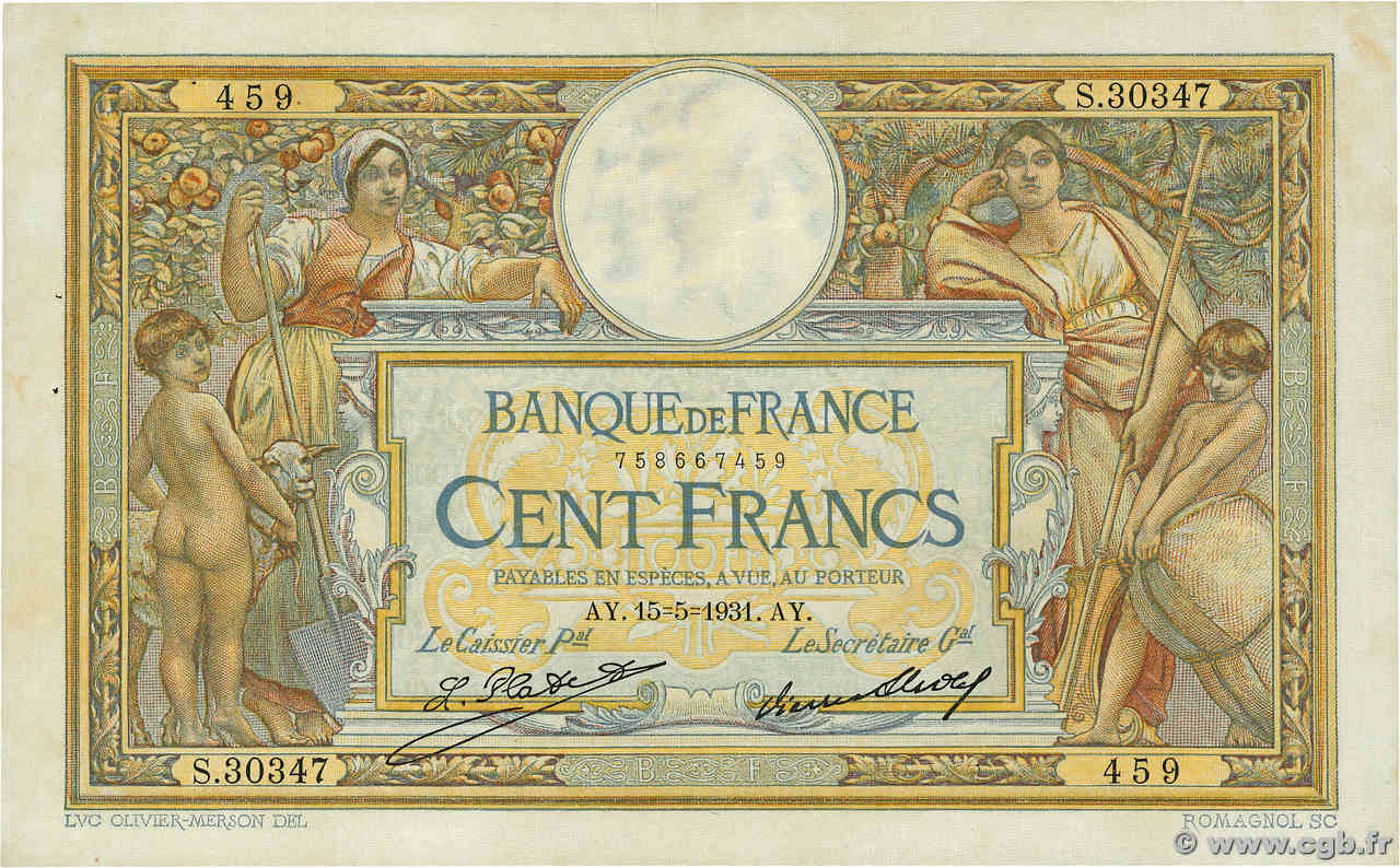 100 Francs LUC OLIVIER MERSON grands cartouches FRANCE  1931 F.24.10 VF