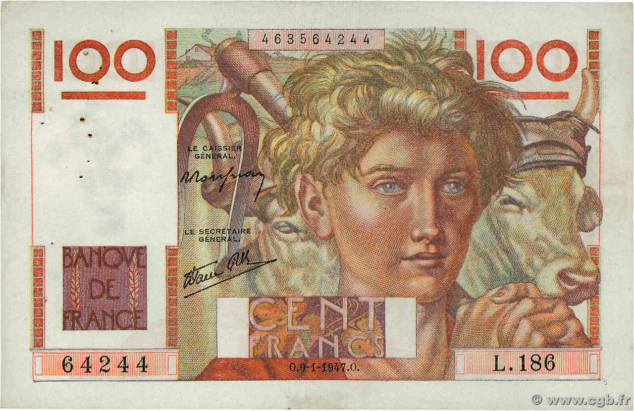 100 Francs JEUNE PAYSAN FRANCE  1947 F.28.13 TTB