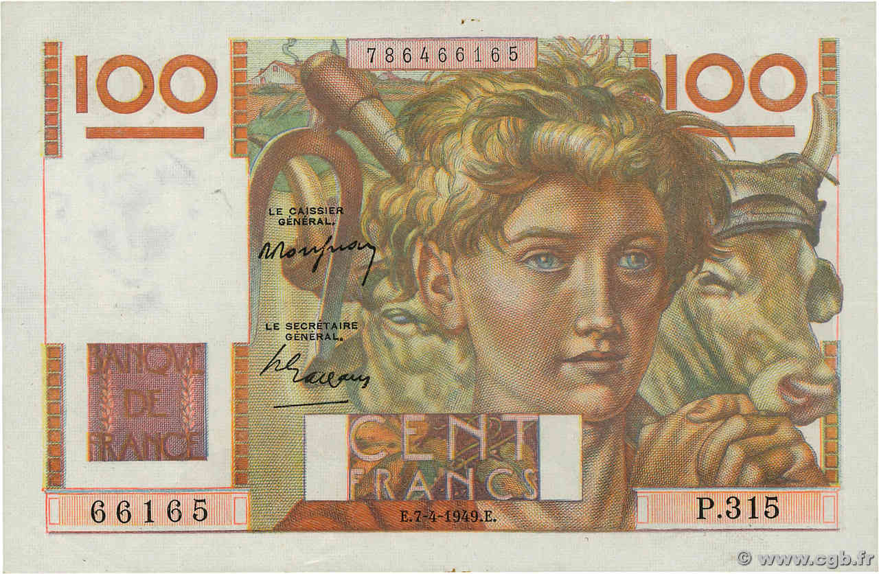 100 Francs JEUNE PAYSAN FRANCE  1949 F.28.23 TTB