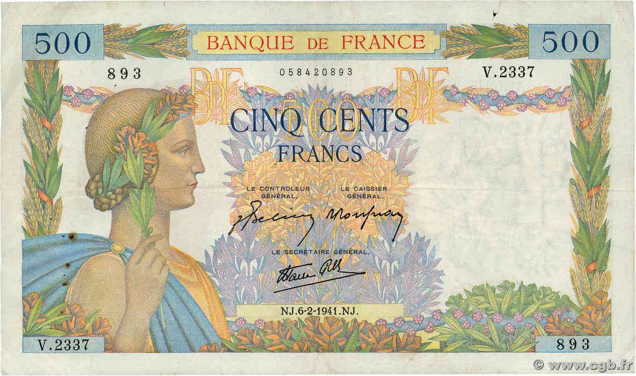500 Francs LA PAIX FRANCE  1941 F.32.14 pr.TTB