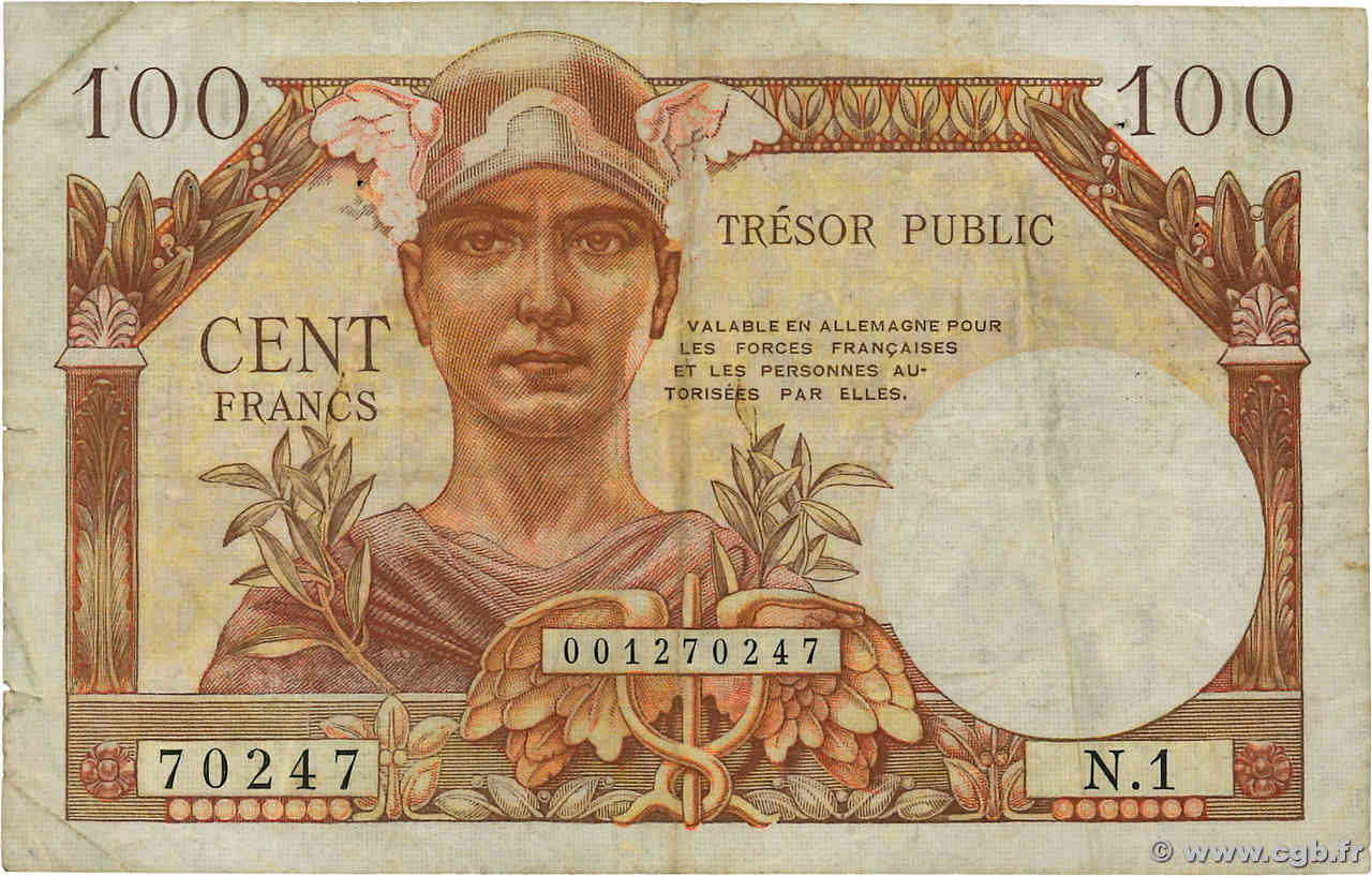 100 Francs TRÉSOR PUBLIC FRANCE  1955 VF.34.01 TB