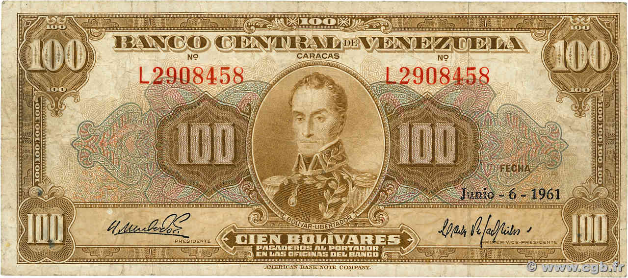 100 Bolivares VENEZUELA  1961 P.034d fS