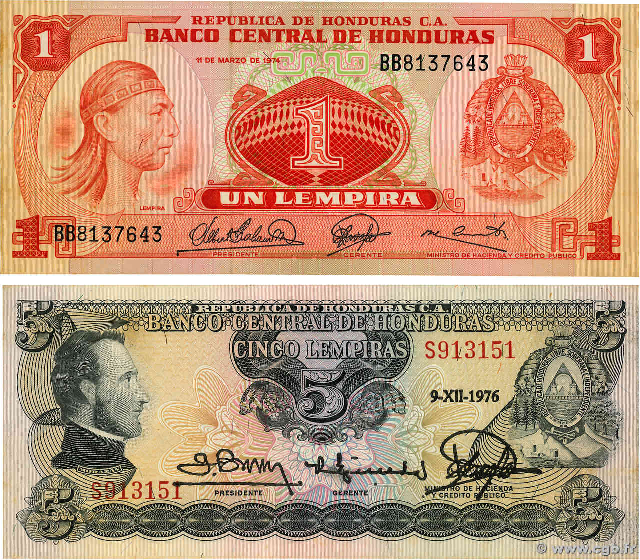 1 et 5 Lempiras Lot HONDURAS  1974 P.058 et P.059b SUP+