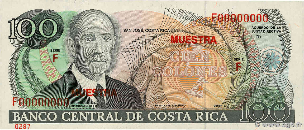 100 Colones Spécimen COSTA RICA  1988 P.254s q.FDC