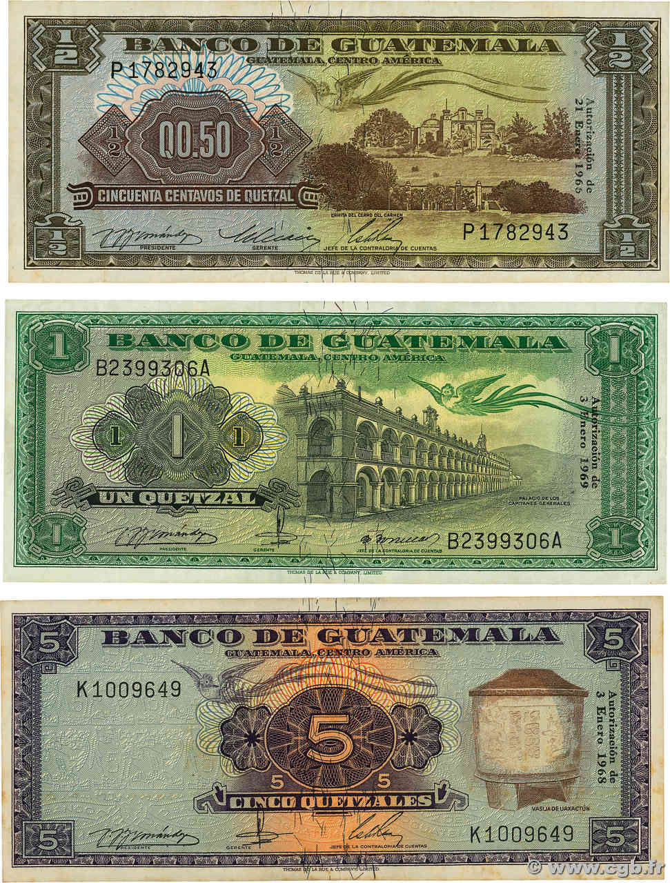 1/2 au 5 Quetzales Lot GUATEMALA  1965 P.051c P.052e et P.053e BB
