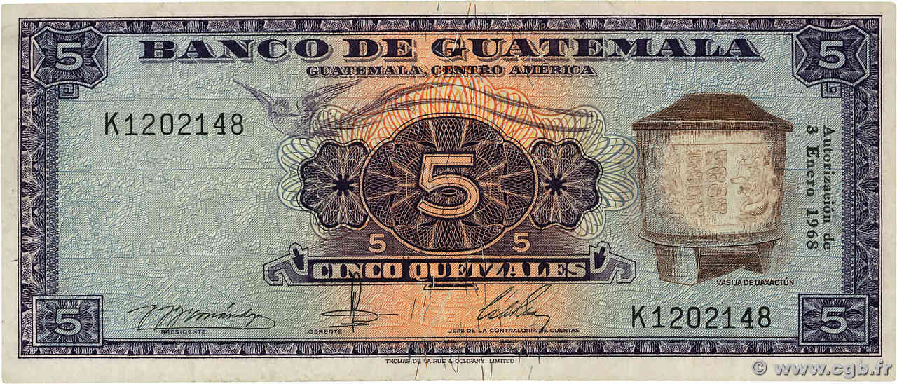 5 Quetzales GUATEMALA  1968 P.053e MBC