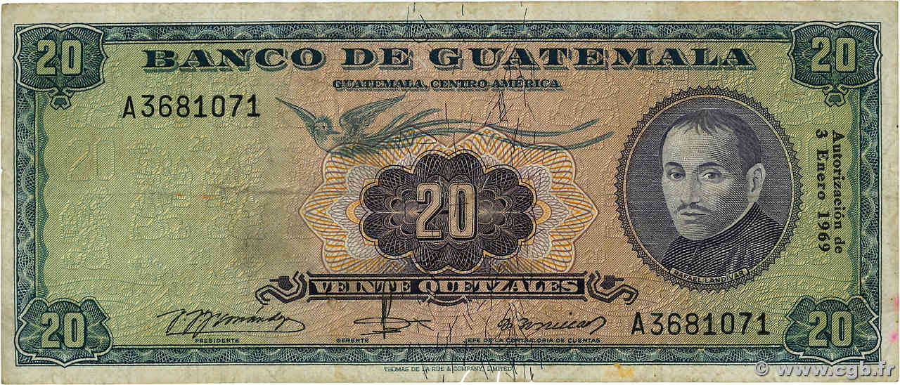 20 Quetzales GUATEMALA  1969 P.055e F+