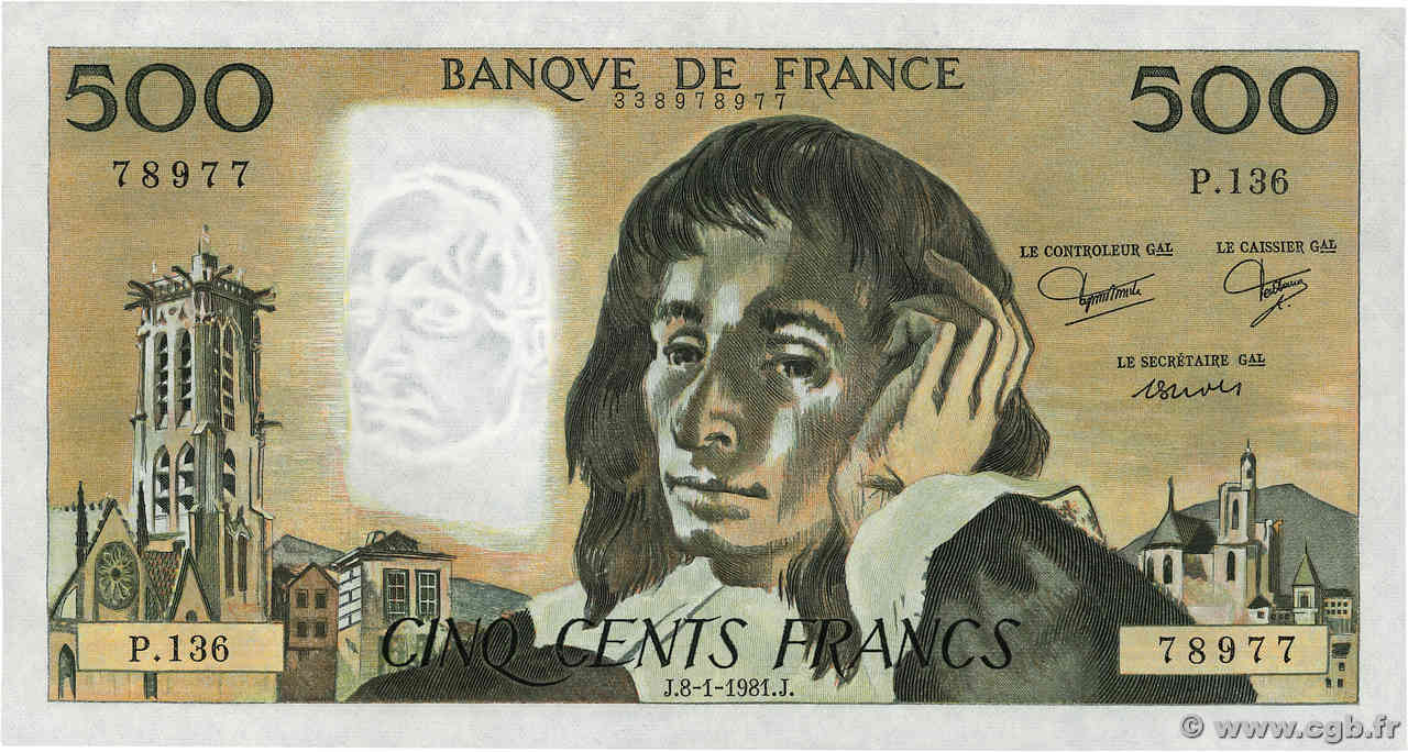 500 Francs PASCAL FRANCE  1981 F.71.23 pr.SPL