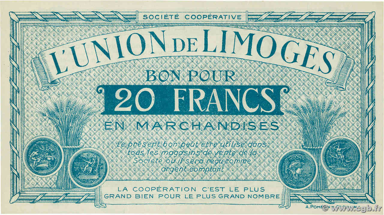 20 Francs FRANCE régionalisme et divers Limoges 1920 P.- SPL+
