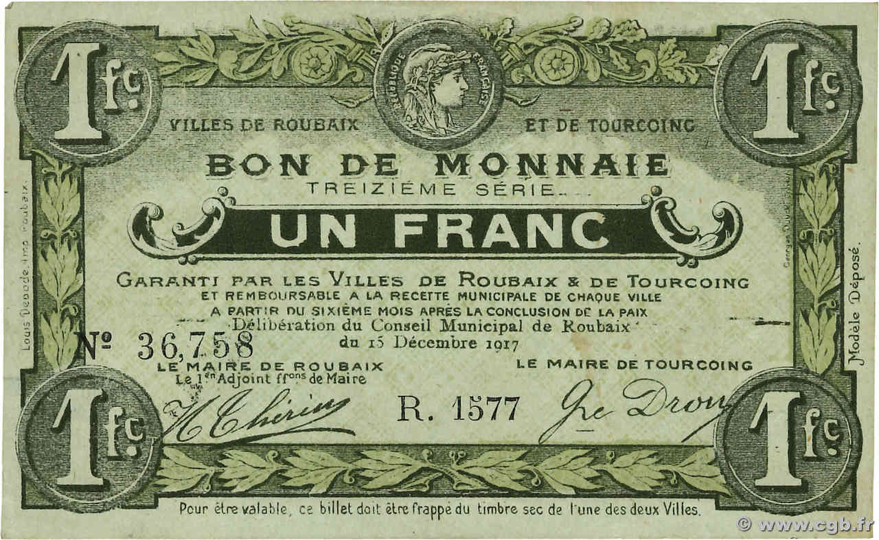 1 Franc FRANCE régionalisme et divers Roubaix et Tourcoing 1917 JP.59-2174 SUP