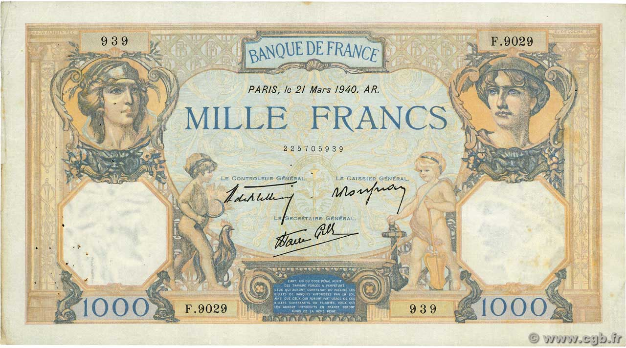 1000 Francs CÉRÈS ET MERCURE type modifié FRANCE  1940 F.38.44 TTB