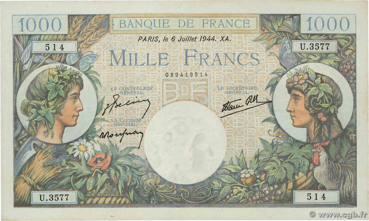 1000 Francs COMMERCE ET INDUSTRIE FRANCIA  1944 F.39.10 MBC+