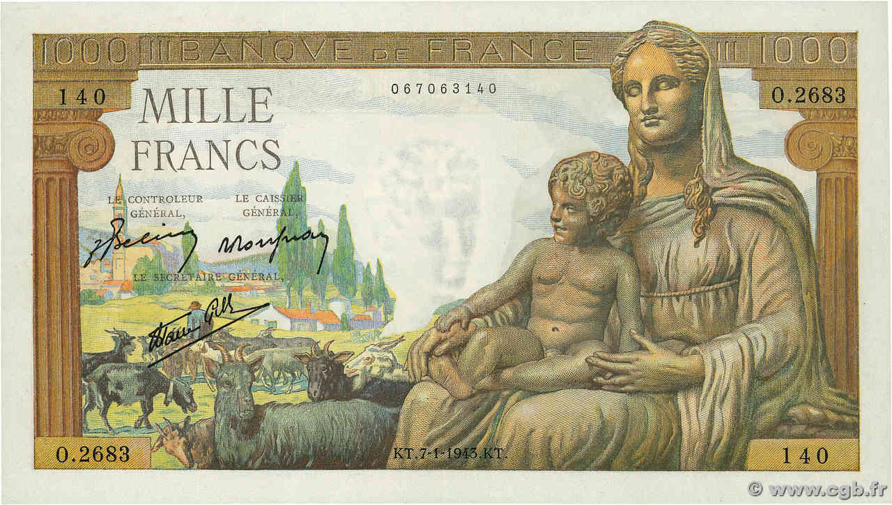 1000 Francs DÉESSE DÉMÉTER FRANCE  1943 F.40.15 SPL