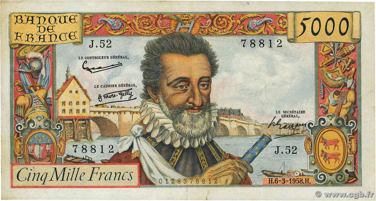 5000 Francs HENRI IV FRANCIA  1958 F.49.06 MBC