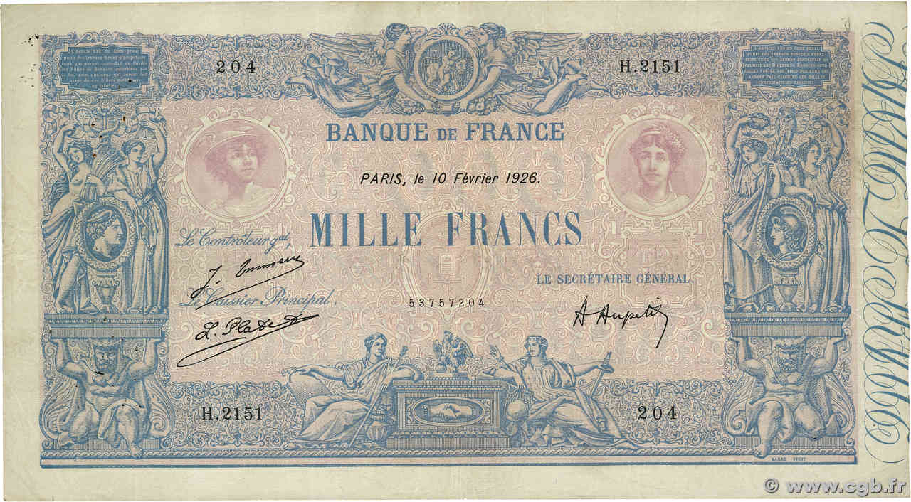 1000 Francs BLEU ET ROSE FRANCE  1926 F.36.42 F+