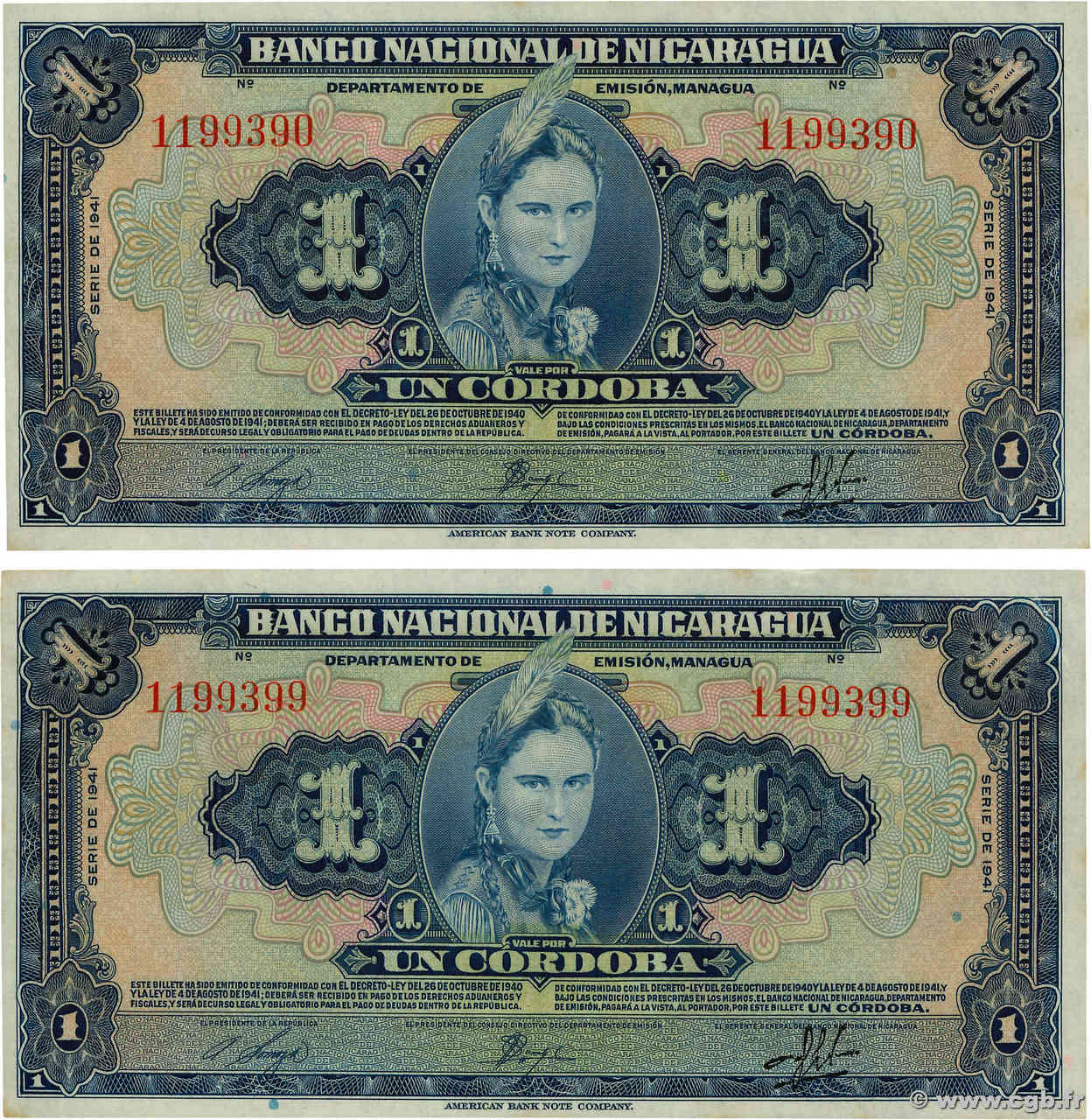 1 Cordoba Lot NICARAGUA  1941 P.090a q.FDC