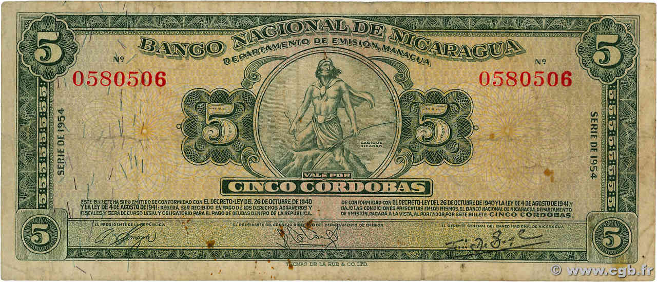 5 Cordobas NICARAGUA  1954 P.100a F-