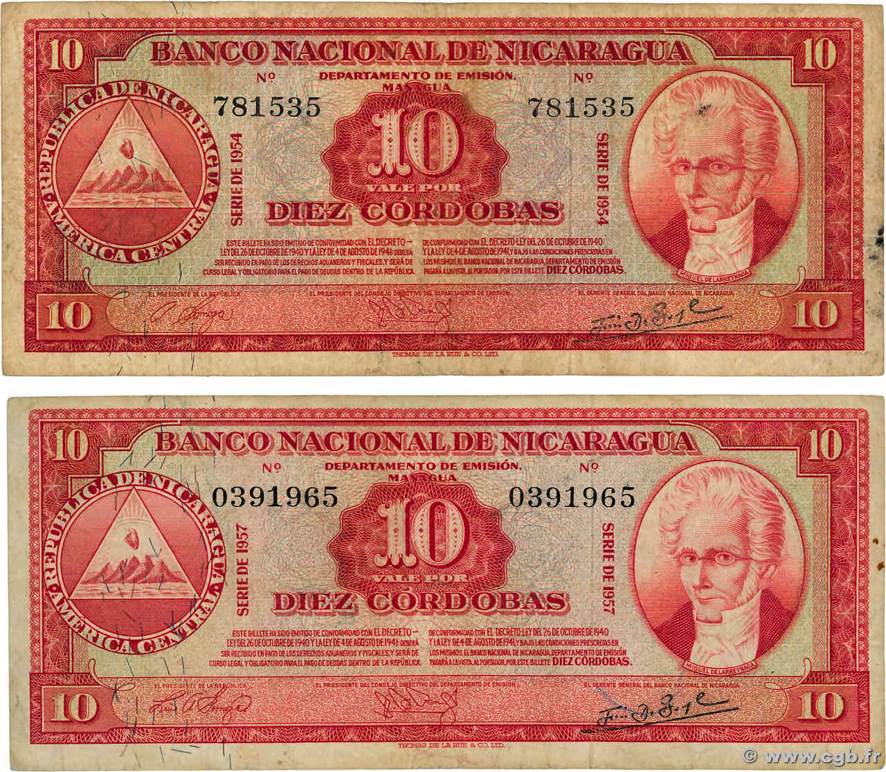 10 Cordobas Lot NICARAGUA  1954 P.101a MB