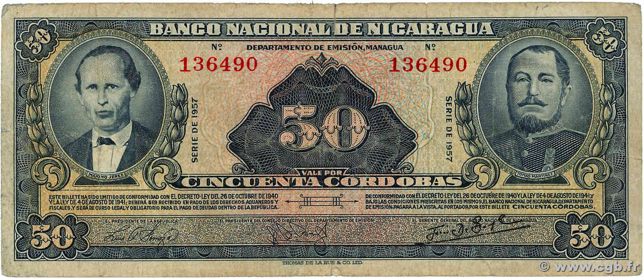 50 Cordobas NIKARAGUA  1957 P.103a fS
