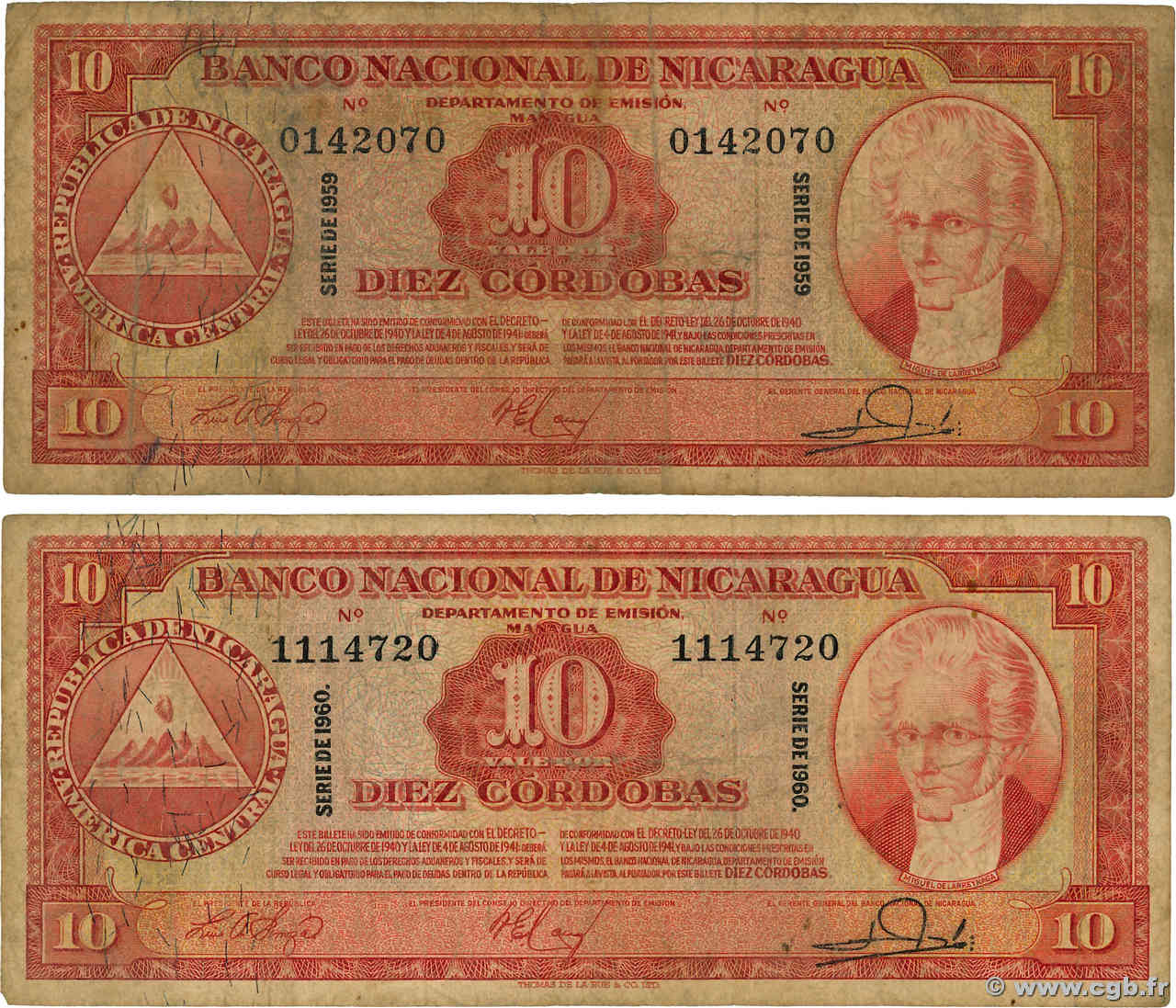 10 Cordobas Lot NICARAGUA  1959 P.101b RC+