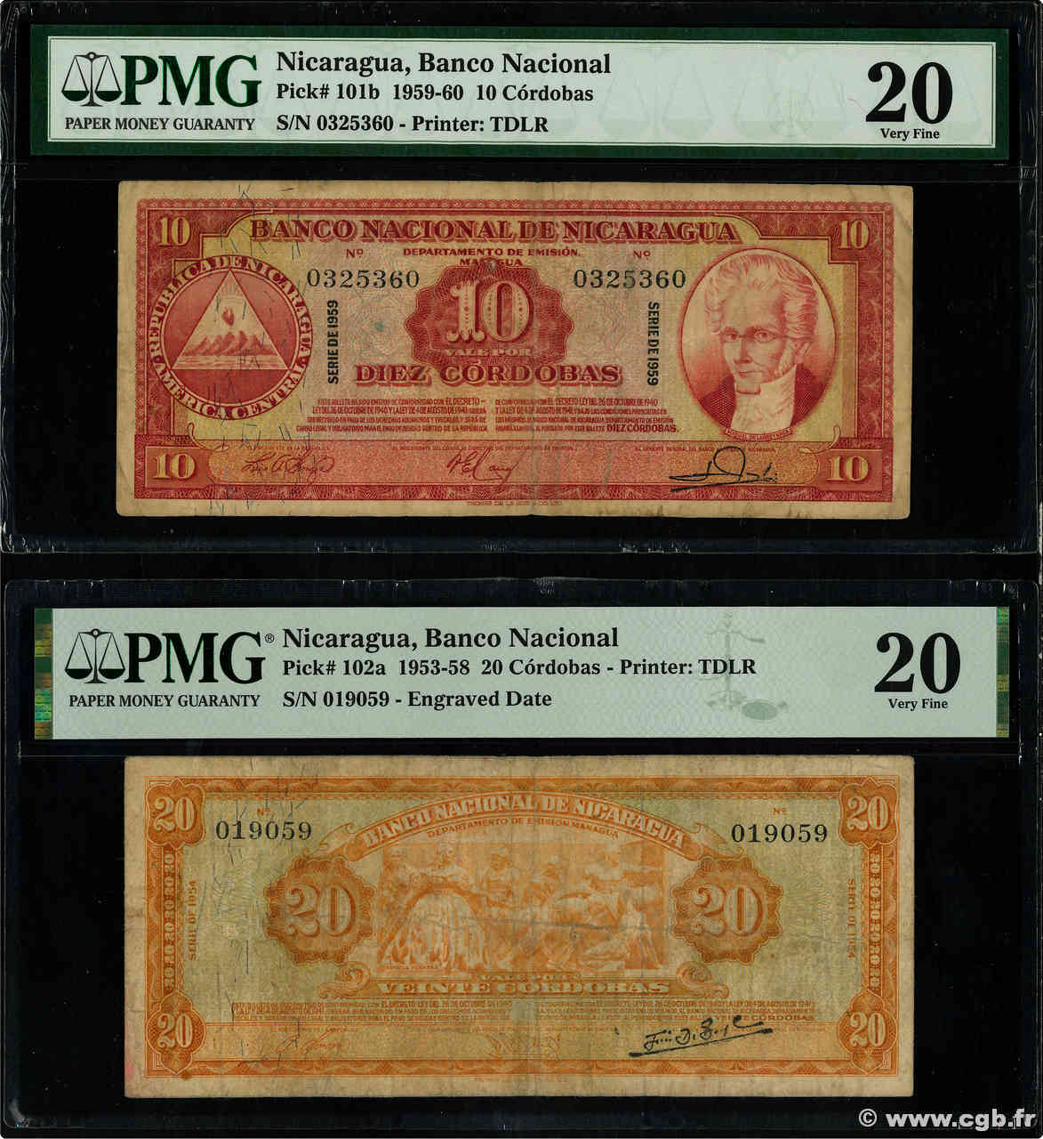 10 et 20 Cordobas Lot NIKARAGUA  1959 P.101b et P.102a SS