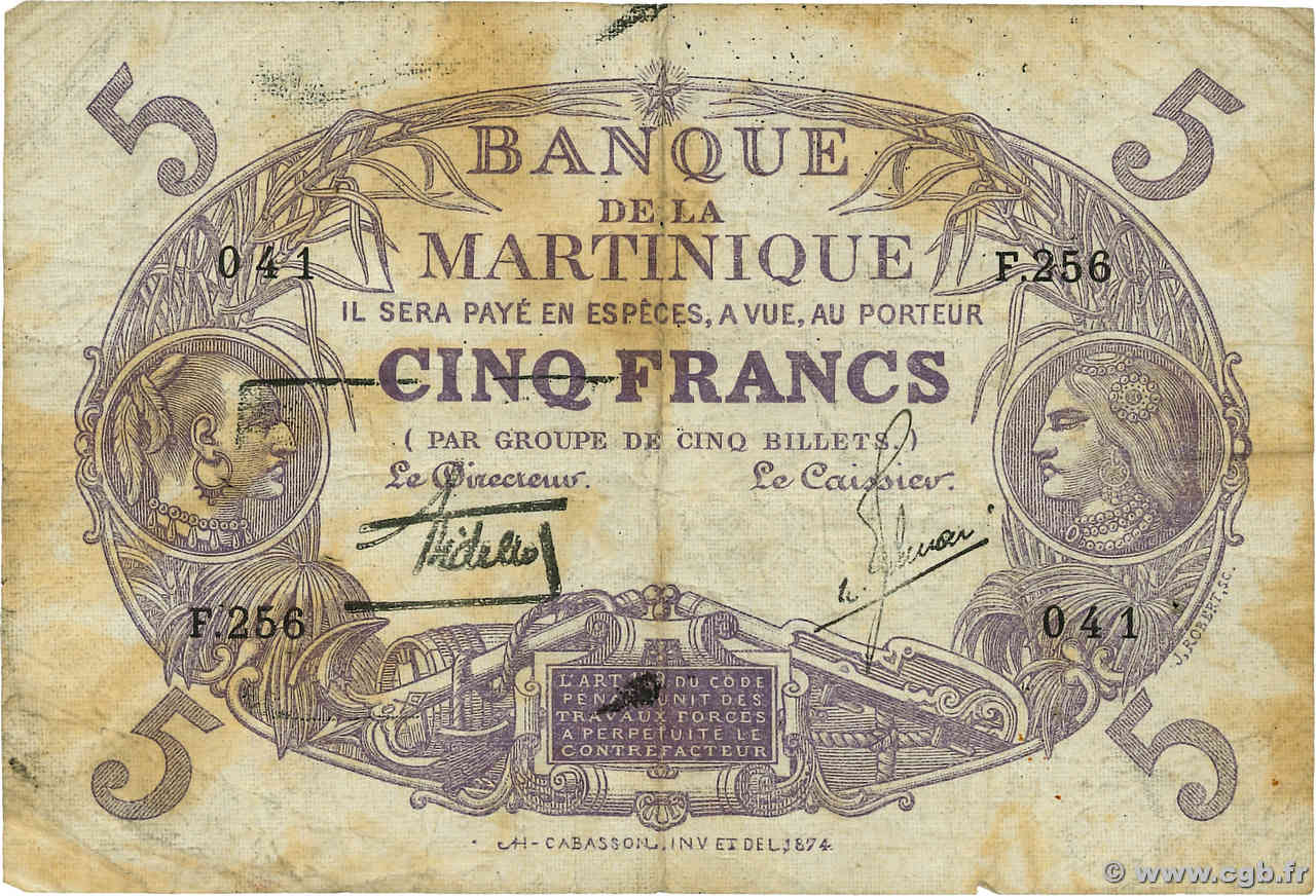 5 Francs Cabasson violet MARTINIQUE  1945 P.06 TB