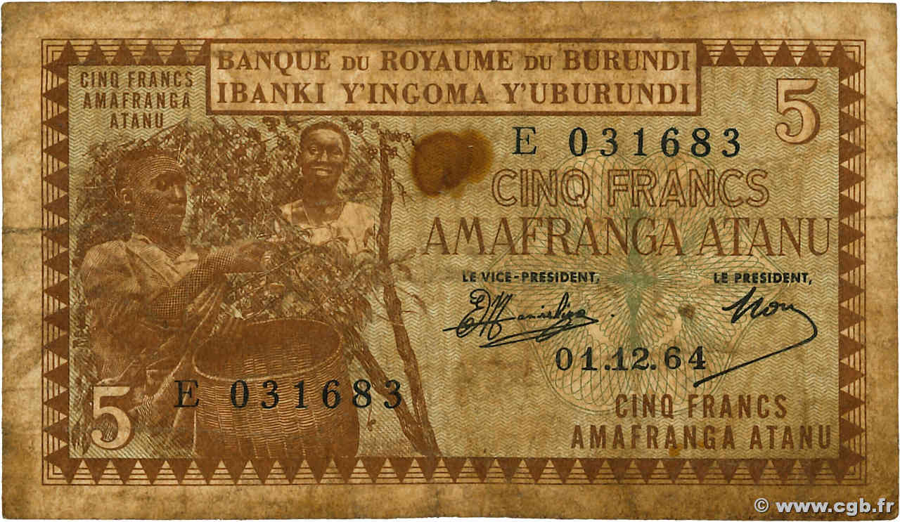 5 Francs BURUNDI  1964 P.08 B