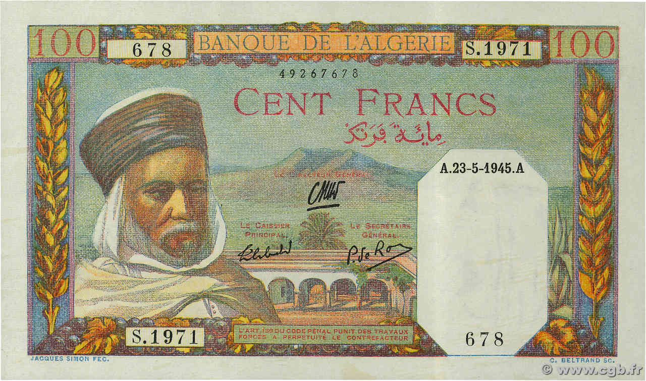 100 Francs ALGÉRIE  1945 P.085 SUP