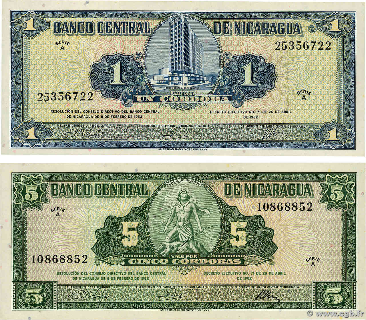 1 et 5 Cordobas Lot NICARAGUA  1962 P.107 et P.108a UNC-