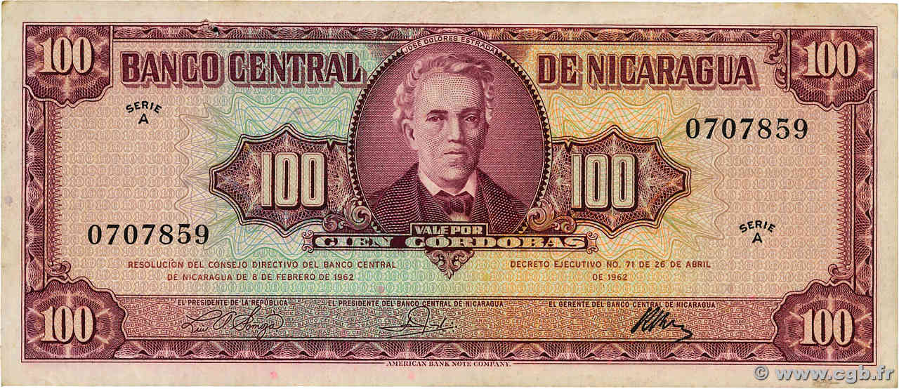 100 Cordobas NICARAGUA  1962 P.112 MBC