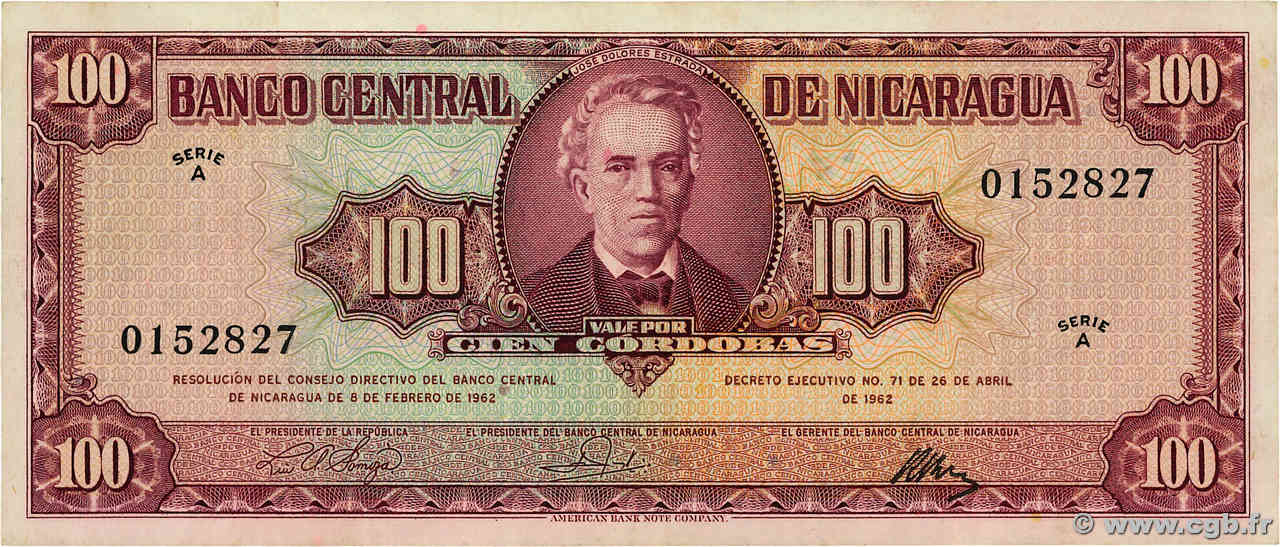 100 Cordobas NICARAGUA  1962 P.112 q.SPL