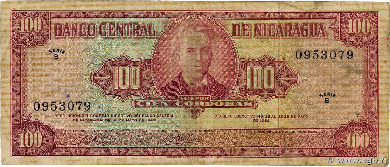 100 Cordobas Fauté NICARAGUA  1968 P.120b TB