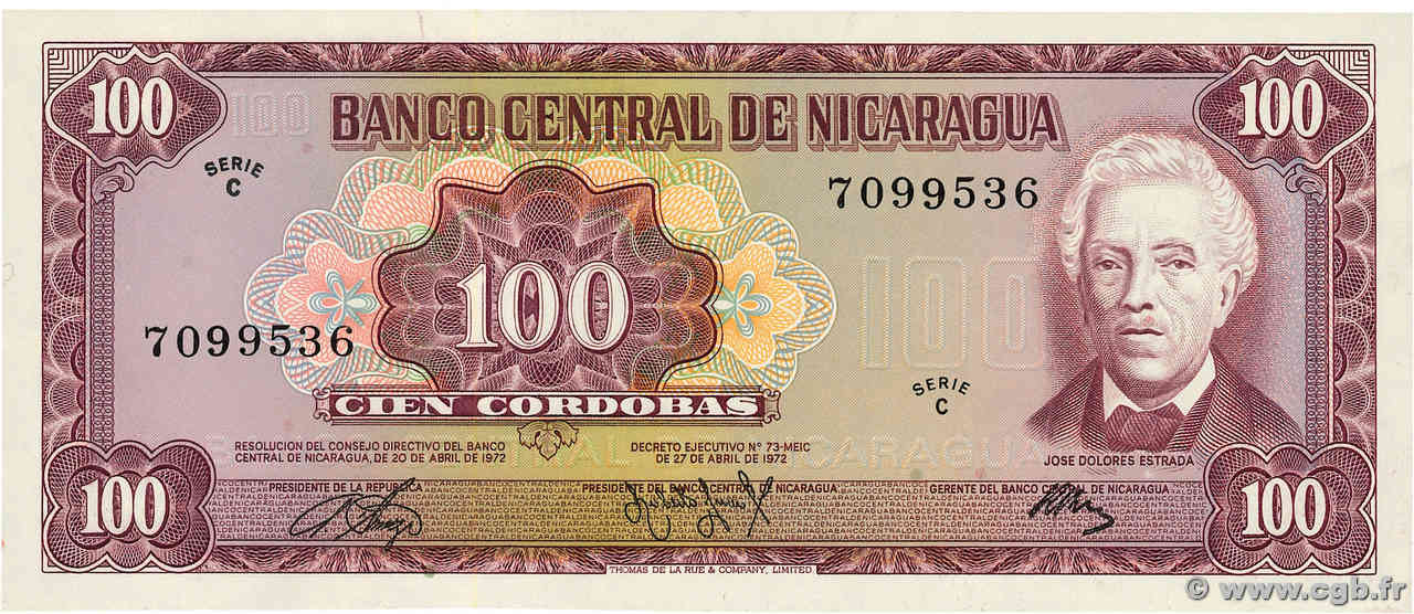 100 Cordobas NICARAGUA  1972 P.126 UNC