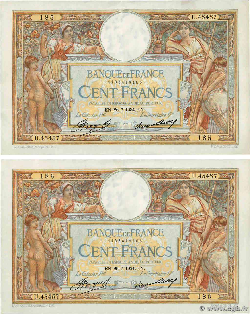 100 Francs LUC OLIVIER MERSON grands cartouches Consécutifs FRANCE  1934 F.24.13 XF-