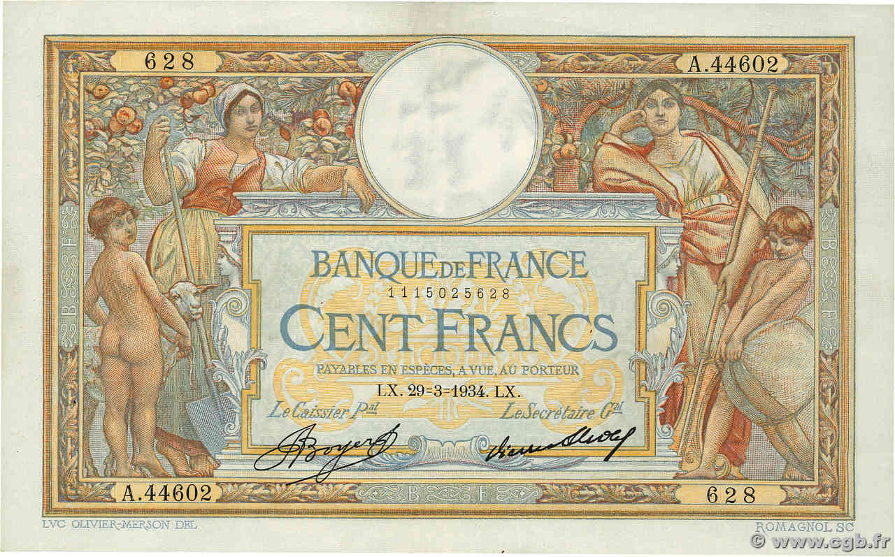 100 Francs LUC OLIVIER MERSON grands cartouches FRANKREICH  1934 F.24.13 fVZ