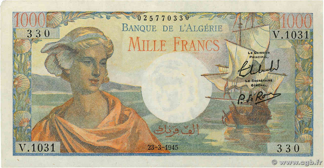 1000 Francs réserve ALGERIEN  1945 P.096 fST