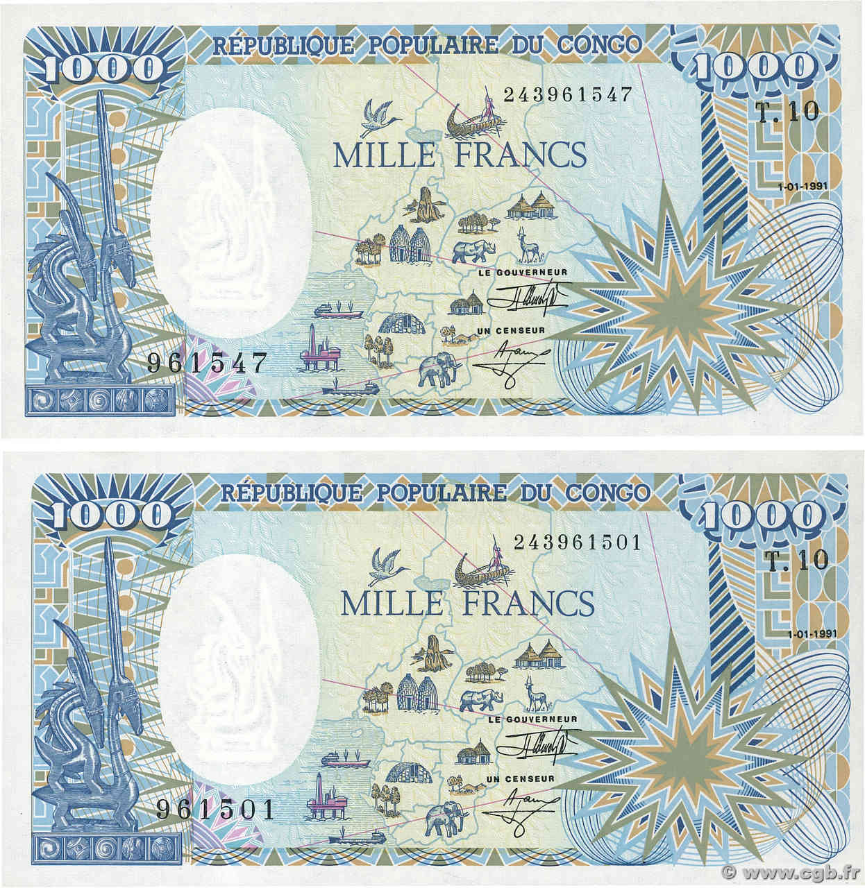 1000 Francs Lot CONGO  1991 P.10c fST+