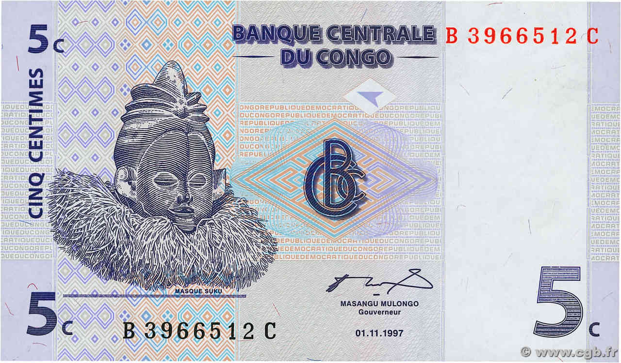 5 Centimes RÉPUBLIQUE DÉMOCRATIQUE DU CONGO  1997 P.081a NEUF