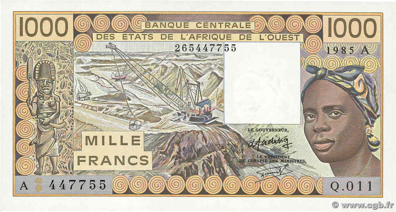 1000 Francs Numéro spécial WEST AFRIKANISCHE STAATEN  1985 P.107Af fST+