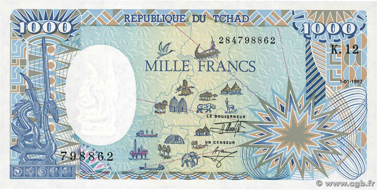 1000 Francs type 1985 modifié TSCHAD  1992 A.287f ST