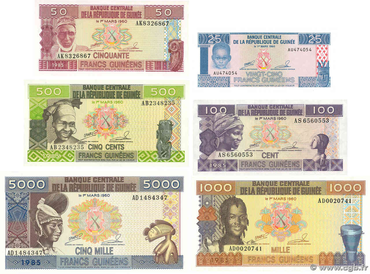 25, 50, 100, 500, 1000 Francs Guinéens Lot GUINÉE  1985 P.28 à P.33 NEUF