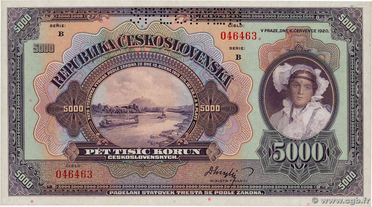 5000 Korun Spécimen CZECHOSLOVAKIA  1920 P.019s UNC