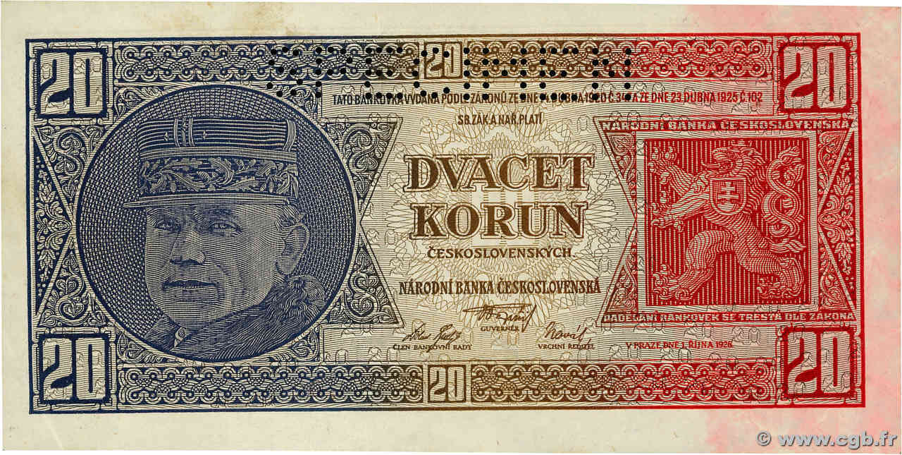 20 Korun Spécimen TCHÉCOSLOVAQUIE  1926 P.021s SUP+
