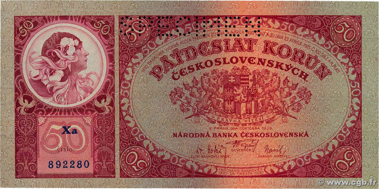 50 Korun Spécimen TCHÉCOSLOVAQUIE  1929 P.022s SPL