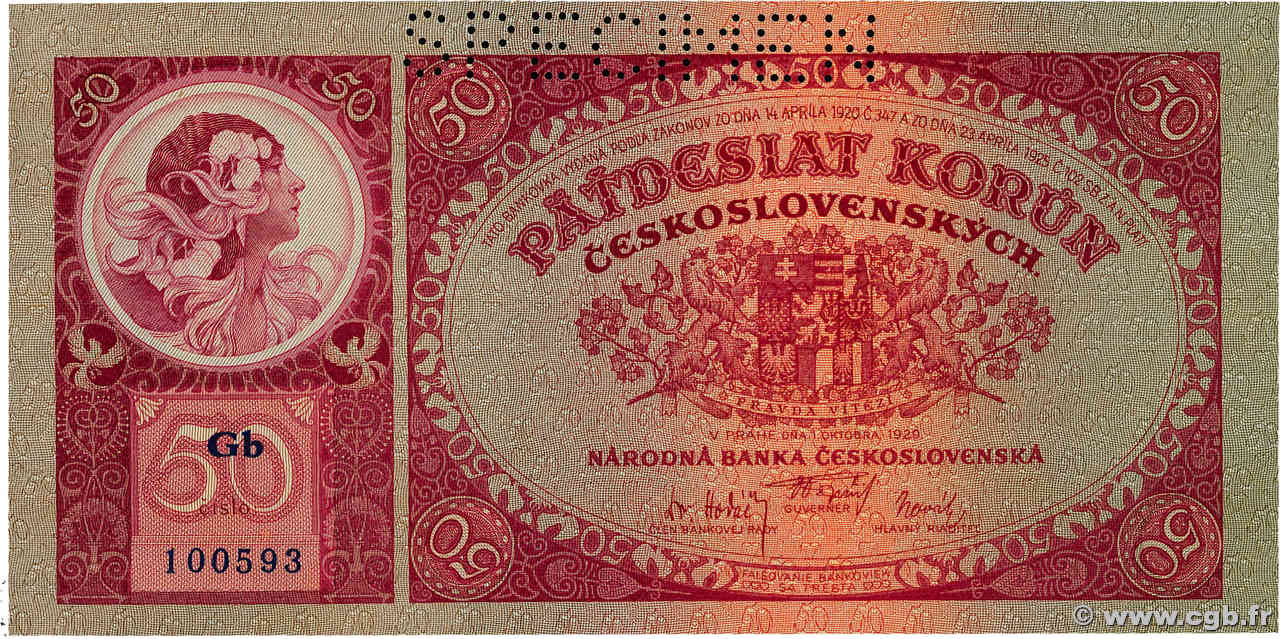 50 Korun Spécimen CECOSLOVACCHIA  1929 P.022s q.FDC