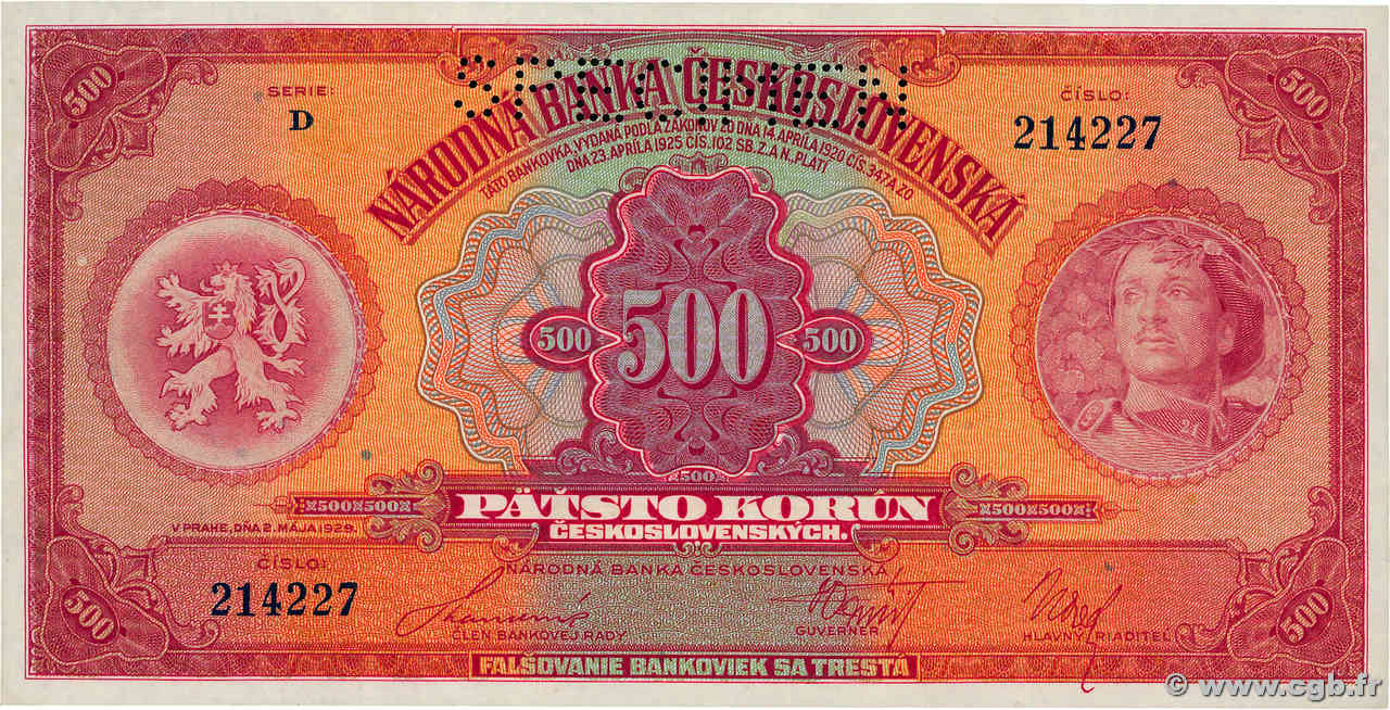 500 Korun TSCHECHOSLOWAKEI  1929 P.024 ST