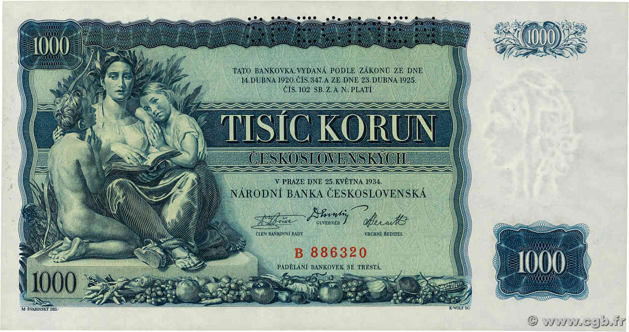 1000 Korun  Spécimen TSCHECHOSLOWAKEI  1934 P.026s fST+