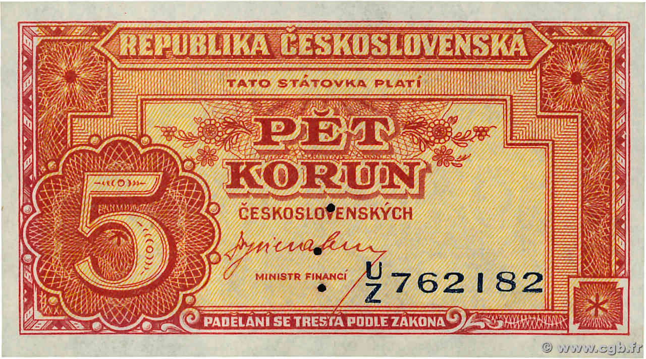 5 Korun Spécimen TSCHECHOSLOWAKEI  1945 P.059s ST