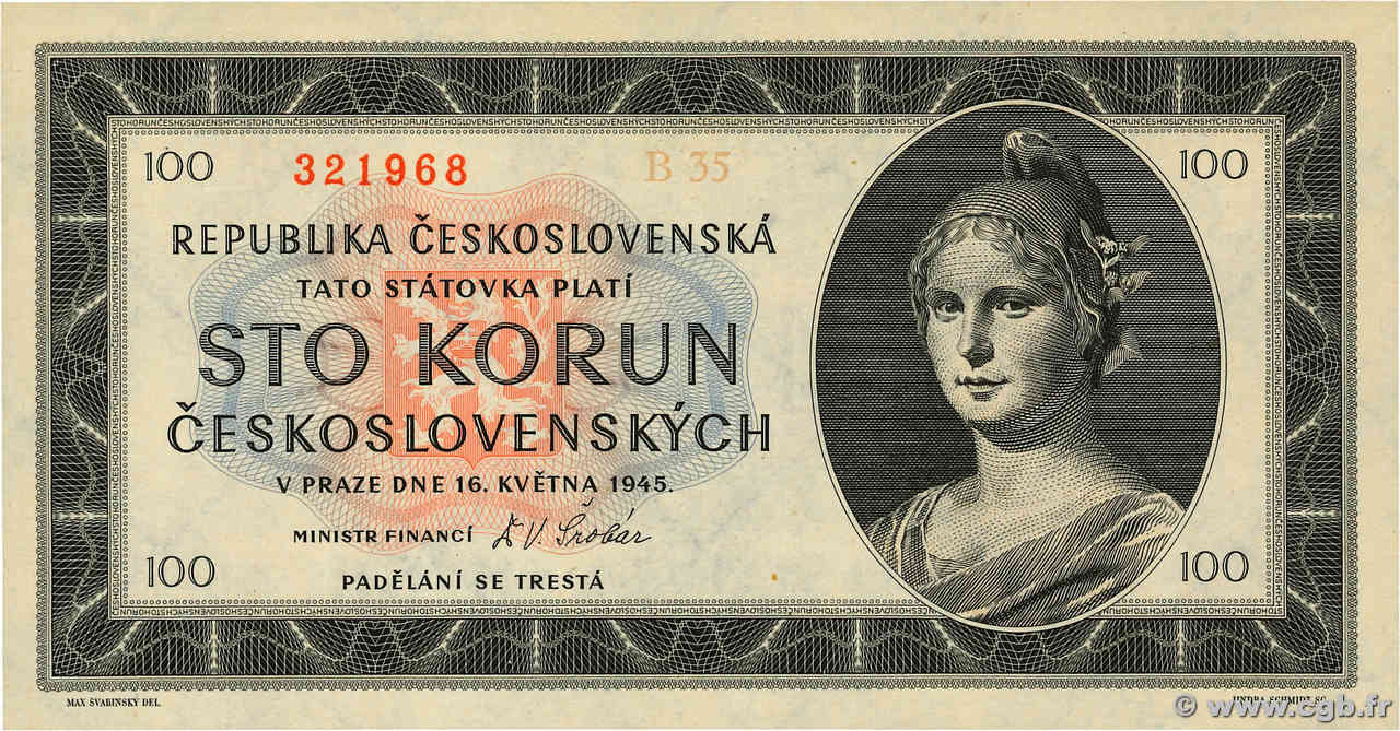 100 Korun TSCHECHOSLOWAKEI  1945 P.067 fST+