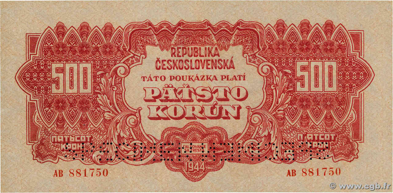 500 Korun Spécimen TSCHECHOSLOWAKEI  1944 P.049s fST